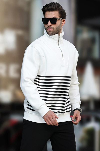 Madmext Ecrufarbenes Sweatshirt mit Streifen und Reißverschluss, Modell 7056