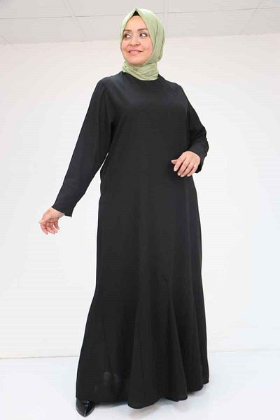 Eslina 52003 Large Size Thick Cuffed Linen Dress - Black