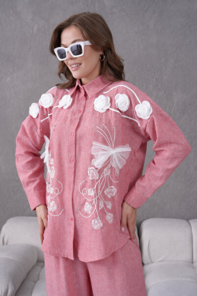 Miss Allos Women's Front Embroidered Rose Flower and Stone Decorated Ribbon Detailed Linen Shirt and Pants Bottom Top Set
