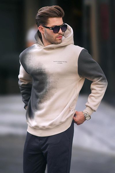 Madmext Men's Oversize Sweatshirt - Beige, Hooded and Pale Fabric, Model 7051