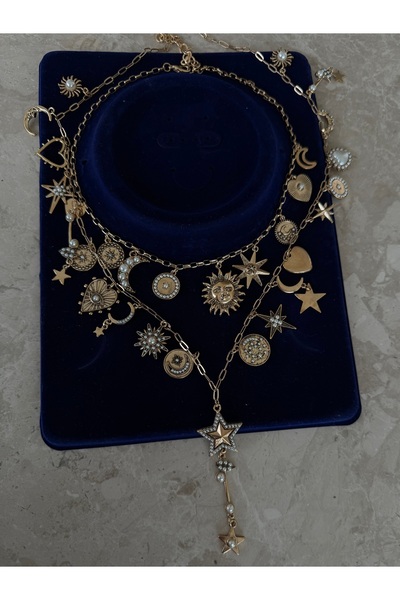 h&b design jewel Çelik Vintage Güneş Detay Charmlı Kolyeler