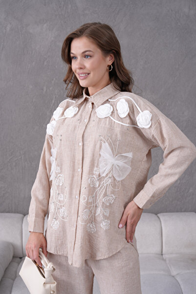 Miss Allos Women's Front Embroidered Rose Flower and Stone Decorated Ribbon Detailed Linen Shirt and Pants Bottom Top Set