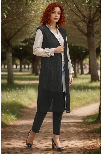 RESPİRO Plus Size Regular Size Simple Long Flowy Soft Black Thin Vest Mother Thin Vest