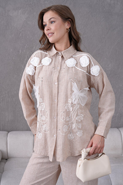 Miss Allos Women's Front Embroidered Rose Flower and Stone Decorated Ribbon Detailed Linen Shirt and Pants Bottom Top Set