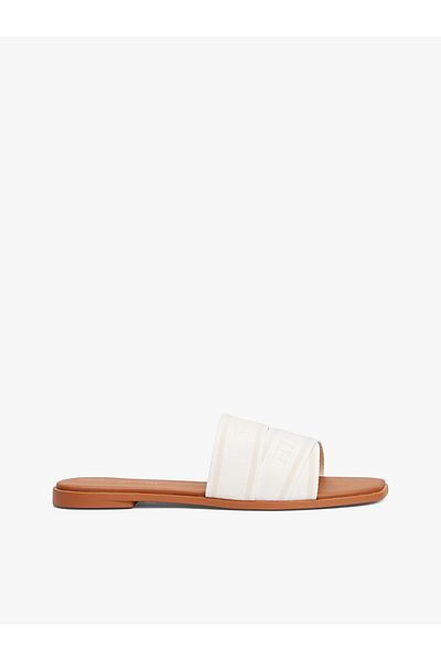 Tommy Hilfiger Women's Double Snap Elastic Tommy Written Flat Sole Ecru Slippers Fw0Fw08421-Ybl