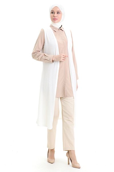 sefamerve Viscose Combed Long Casual Vest 8744-02 Ecru