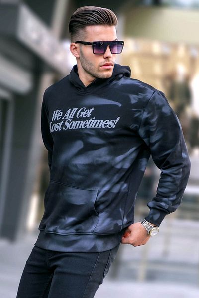 Madmext Black Printed Hooded Sweatshirt 5897