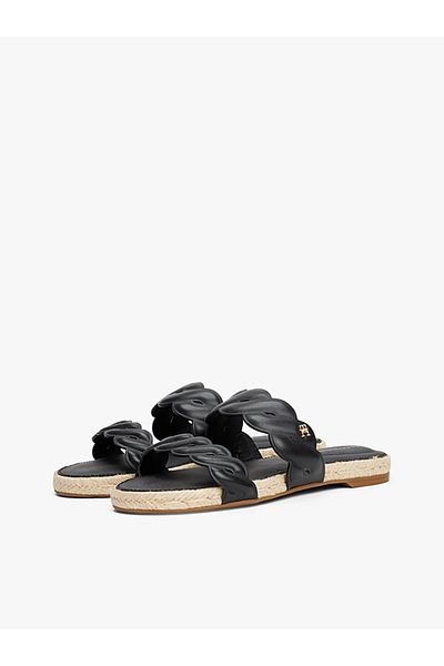 Tommy Hilfiger Women's Straw Sole Double Knitted Strap Comfortable Black Slippers Fw0Fw08503-Bds