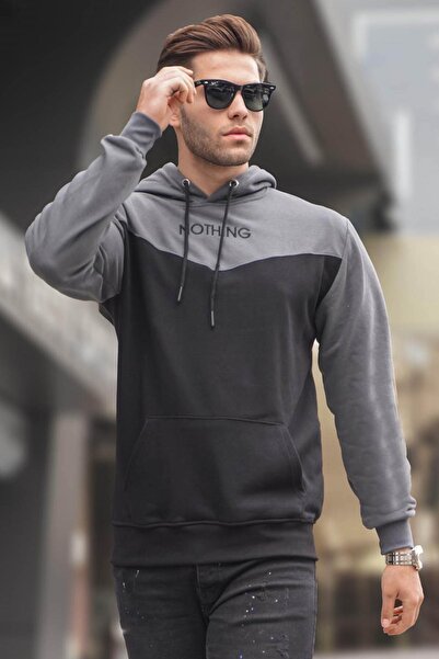 Madmext Hanorac negru cu glugă color block pentru bărbați 6024