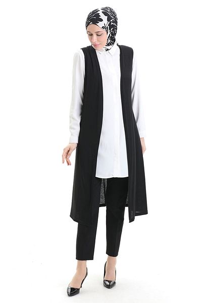 sefamerve Viscose Combed Long Casual Vest 8744-01 Black