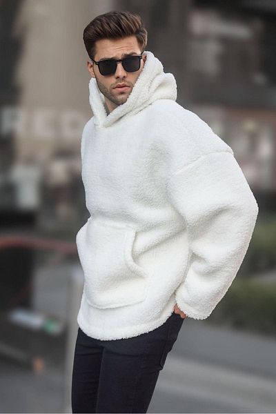 Madmext Λευκό Oversize Λούτρινο Ανδρικό Φούτερ 6160