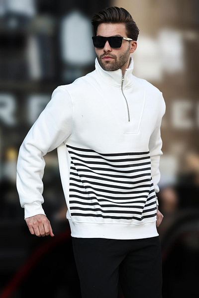 Madmext Ecrufarbenes Sweatshirt mit Streifen und Reißverschluss, Modell 7056