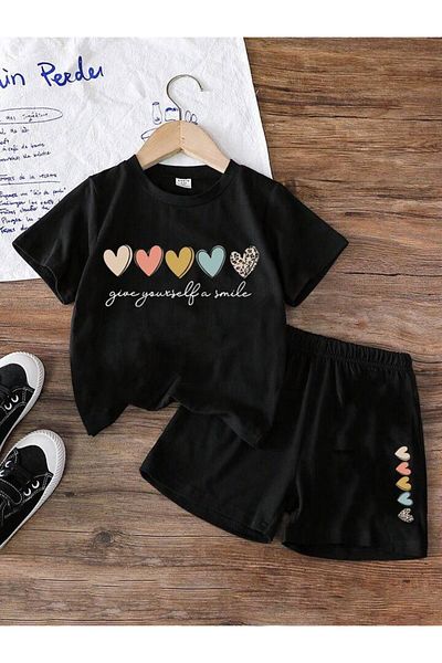 vinraus Girl\Boy Black Give Your Self Minimal Hearts Printed Combed Cotton Shorts-Tshirt Set