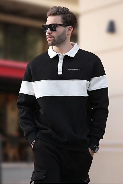 Madmext Siyah Polo Yaka Renk Bloklu Erkek Sweatshirt 7072