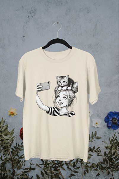 Butik تي شيرت بناتي/نسائي/أمي كات بوسي- نقل مطبوع برقبة دائرية وأكمام قصيرة