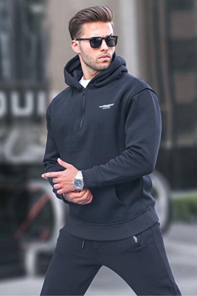 Madmext Black Zippered Hooded Sweatshirt 6143