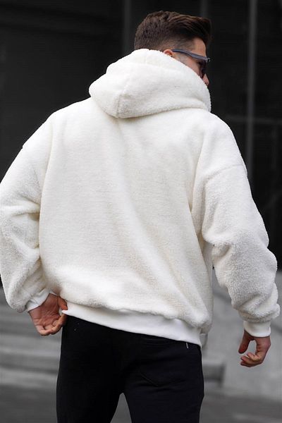 Madmext Ανδρικό φούτερ εκρού βελούδινο με κουκούλα 6049