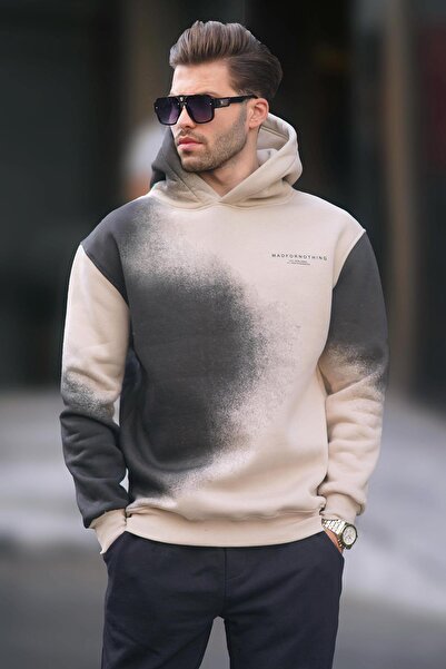 Madmext Ανδρικό φούτερ Oversize - Μπεζ, με κουκούλα και παλ ύφασμα, μοντέλο 7051