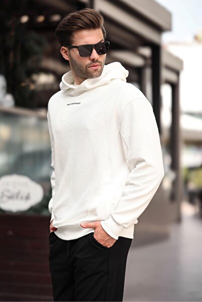 Madmext Men's Embroidered Ecru Sweatshirt - 7050 with Hood and Pocket Detail