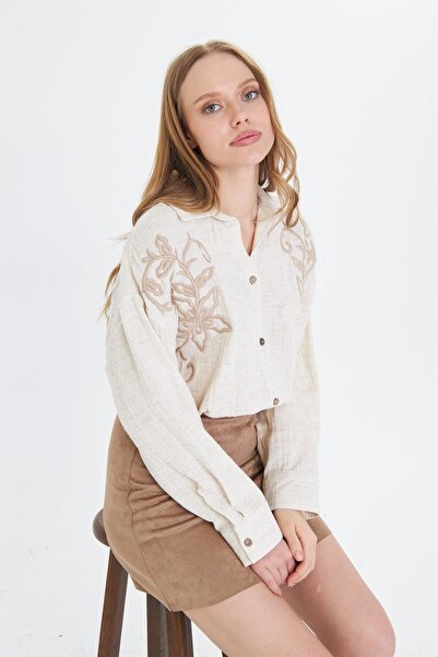 TIFFANY&TOMATO Çiçek Nakışlı Ketenli Müslin Gömlek