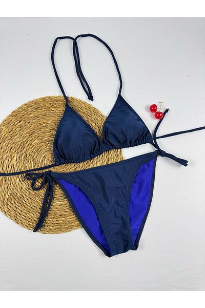 FUNELLA Navy Blue Halter-Neck Adjustable Stylish Triangle Bikini Set Women