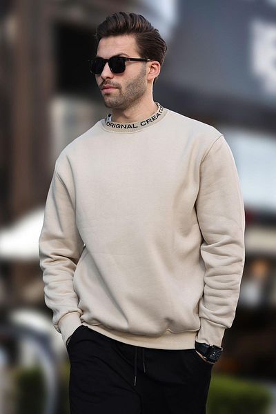 Madmext Ανδρικό φούτερ σε μπεζ χρώμα - Crew Neck, Raster, Model 7047