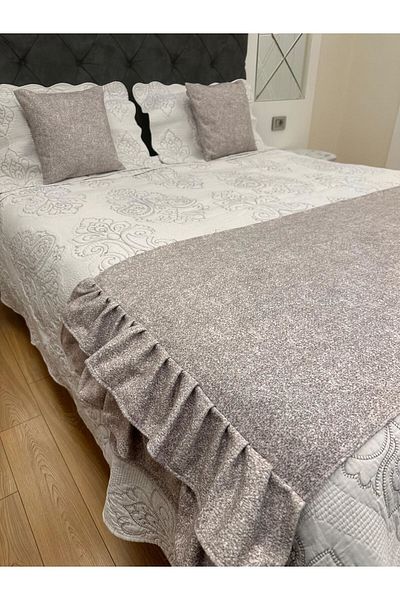 Becenhouse Bed Runner Set Double Size Frilly Spotted Cream 1 Runner 2 Cushion for Home and Hotels
