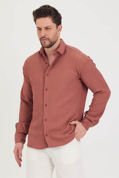 COOL TARZ Erkek Kendinden Çizgi Detaylı Slim Fit Dar Kalıp Uzun Kol Gömlek