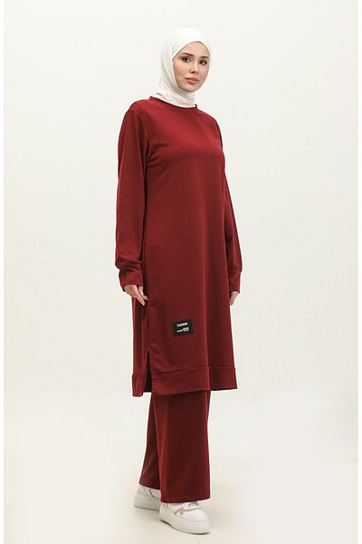 sefamerve Set din două piese pantaloni tunică cu două fire 0001-12 Burgundy închis