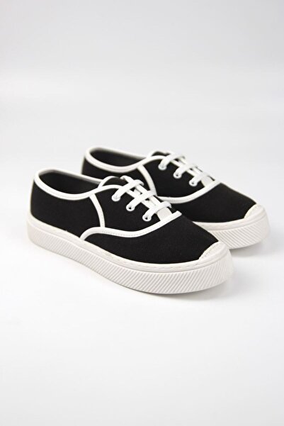 Gökhan Talay Pantofi de damă Lona, negru, din in, cu talpă albă, cu șireturi