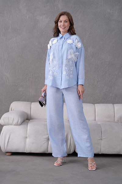 Miss Allos Women's Front Embroidered Rose Flower and Stone Decorated Ribbon Detailed Linen Shirt and Pants Bottom Top Set