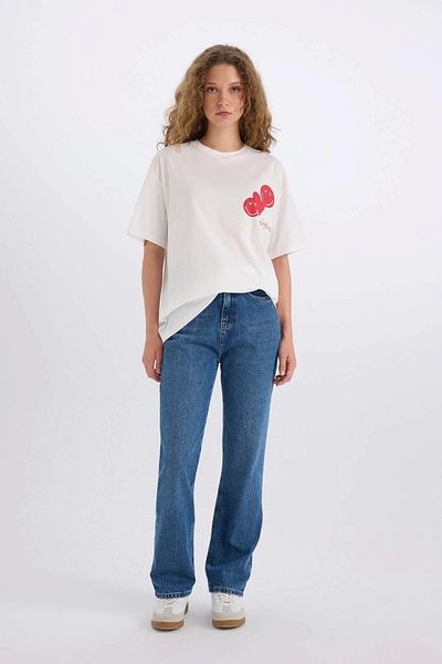 DeFacto D9138 Tricou cu mânecă scurtă cu imprimeu pe spate, cu mânecă scurtă, cu mânecă largă, albă SmileyWorld