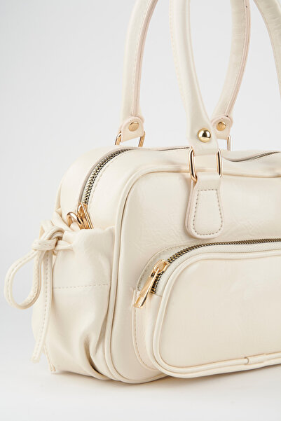 Vivaq Women's Mila Cream Wrinkled Shiny Faux Leather Zipper Closure Strap Handbag and Shoulder Bag