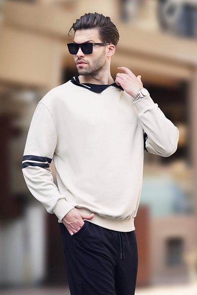 Madmext Ανδρικό μπλουζάκι με γιακά πόλο μπεζ oversize - ριγέ μανίκι 7048