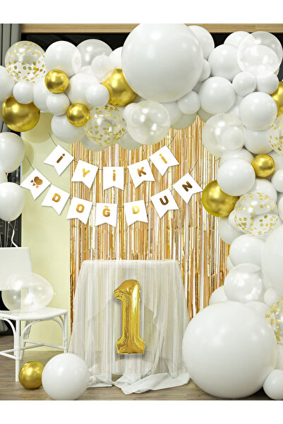 Parti Atölyesi 1 Yaş Balonlu Beyaz Konsept Doğum Günü Balon Zinciri Toplam 35...