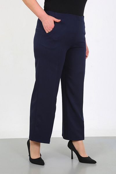 By Alba Collection Women's Navy Blue Dumbbell Fabric Oval Pocket Back Elastic Large Size Trousers
