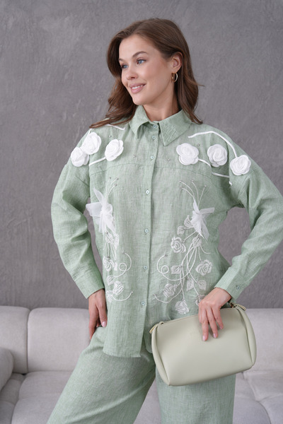 Miss Allos Women's Front Embroidered Rose Flower and Stone Decorated Ribbon Detailed Linen Shirt and Pants Bottom Top Set