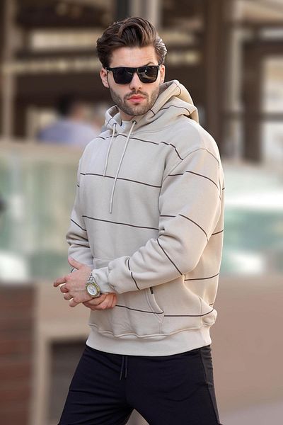 Madmext Men's Striped Beige Sweatshirt with Hood and Pocket Detail 7063