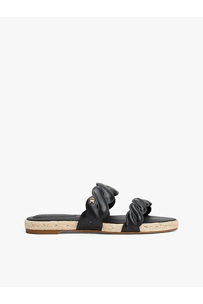 Tommy Hilfiger Women's Straw Sole Double Knitted Strap Comfortable Black Slippers Fw0Fw08503-Bds