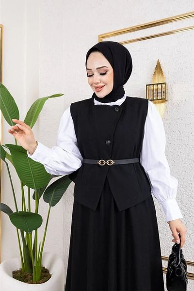 Tesettür Diyarı Women's Polyviscose Fabric Hedy Belted Vest Skirt Set