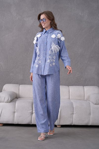 Miss Allos Women's Front Embroidered Rose Flower and Stone Decorated Ribbon Detailed Linen Shirt and Pants Bottom Top Set