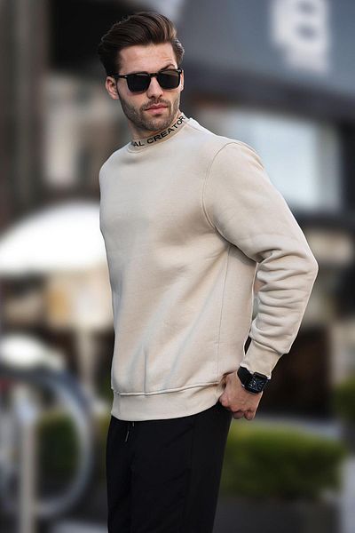 Madmext Ανδρικό φούτερ σε μπεζ χρώμα - Crew Neck, Raster, Model 7047