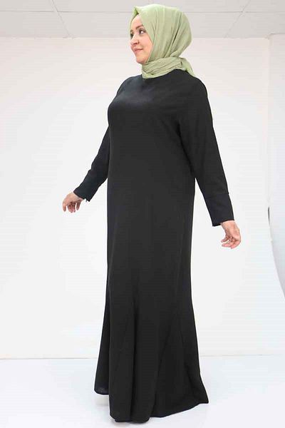 Eslina 52003 Large Size Thick Cuffed Linen Dress - Black