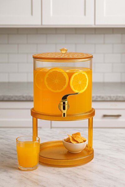 Jenisa 2.6 Litre Amber Cam Şerbetlik – Musluklu, Standlı Sunumluk Sebil İçecek Dispenseri