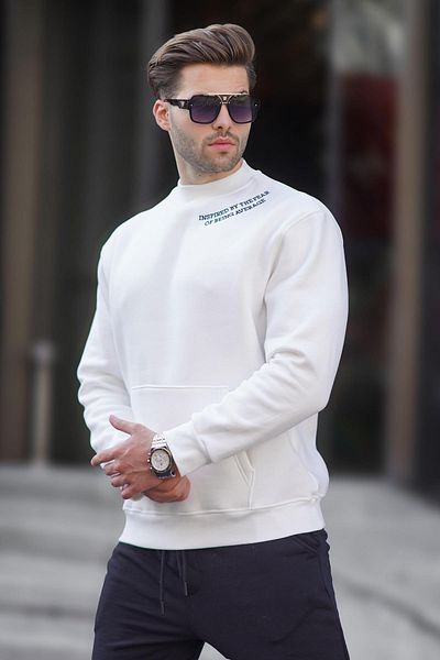 Madmext Sweatshirt für Herren – Ecru, Rundhalsausschnitt, Stickereidetail, Tasche – 7049