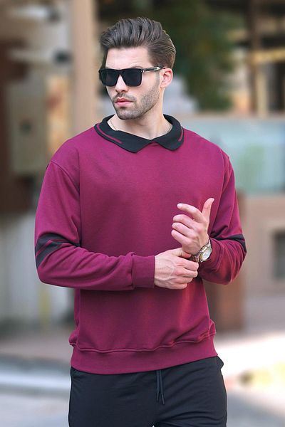 Madmext Ανδρικό φούτερ - Claret Red Polo Collar, ριγέ μανίκι oversize, 7048