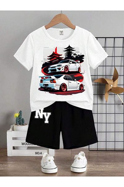 vinraus Set de tricou pentru fete/băieți alb-negru NY Cars din bumbac pieptănat