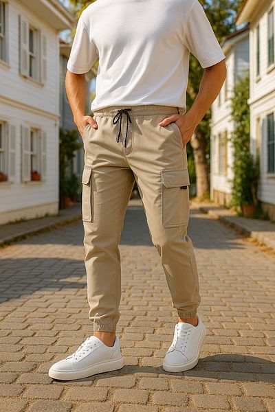 Pobudo Beige Color Parachute Fabric Men's Trousers with Cargo Pockets