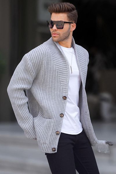 Madmext Gray Stand-up Collar Pocket Knitwear Cardigan 6815