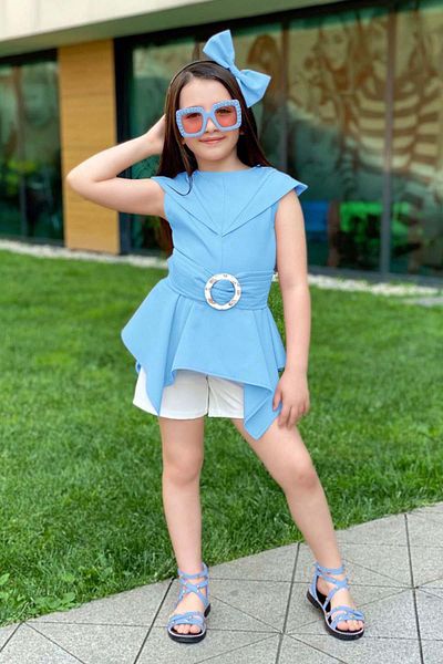 Riccotarz Costum pentru fete cu mâneci zero, cu tăietură asimetrică, cu centură, tunică albastră